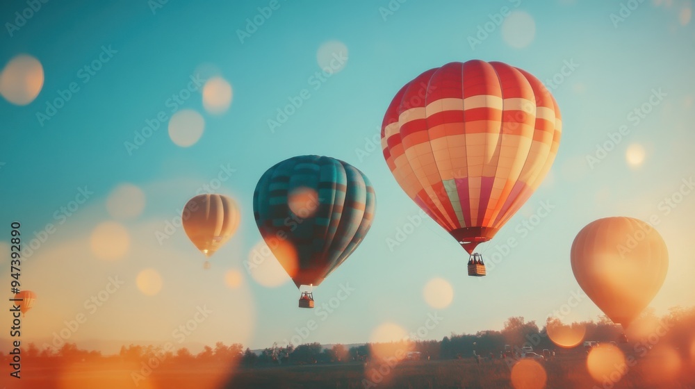 Obraz premium Colorful hot air balloons floating in a clear sky, creating a serene and joyful atmosphere for travel and adventure lovers.