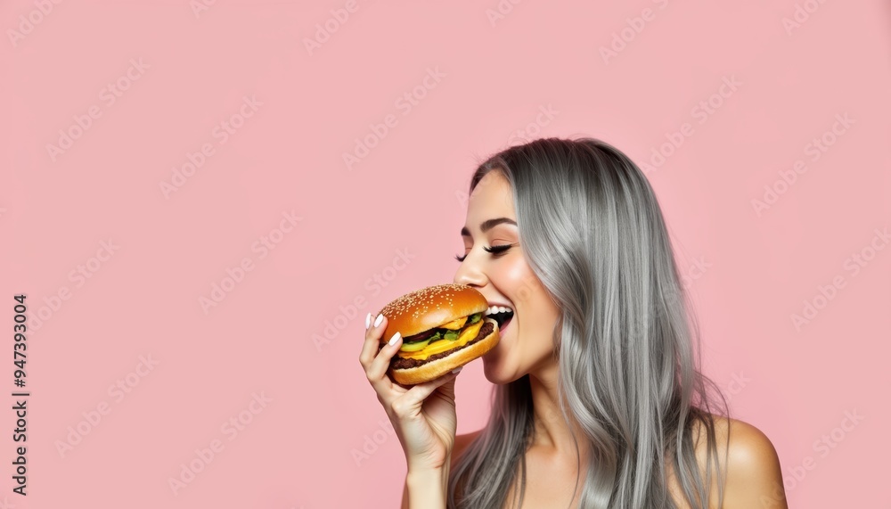 A stylish woman with long gray hair enjoying a delicious burger against a soft pink background, perfect for food-related marketing and lifestyle branding. A stylish woman with long gray hair enjoying a delicious burger against a soft pink background, perfect for food-related marketing and lifestyle branding.