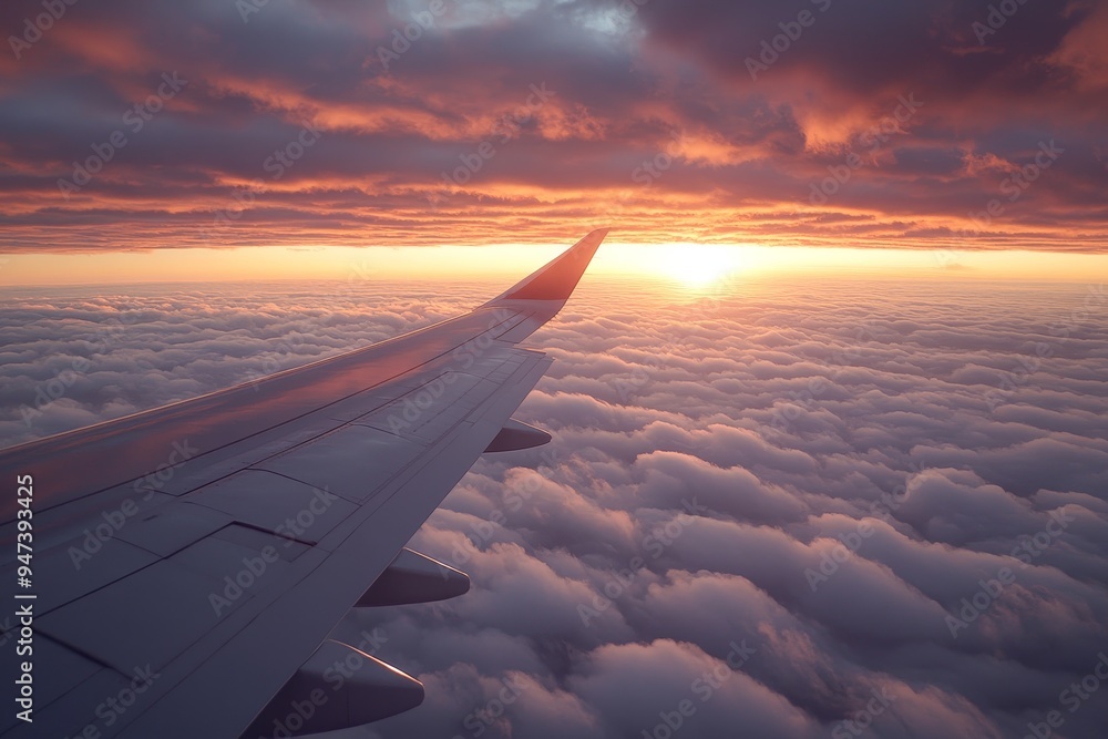 Airplane wing cutting through the clouds, with a stunning sunset on the horizon, symbolizing the peaceful and awe-inspiring moments experienced during flight Airplane wing cutting through the clouds, with a stunning sunset on the horizon, symbolizing the peaceful and awe-inspiring moments experienced during flight
