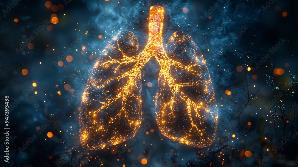 A pair of lungs surrounded by soft, glowing mist and light, symbolizing the flow of air and the vital role of breathing. A pair of lungs surrounded by soft, glowing mist and light, symbolizing the flow of air and the vital role of breathing.