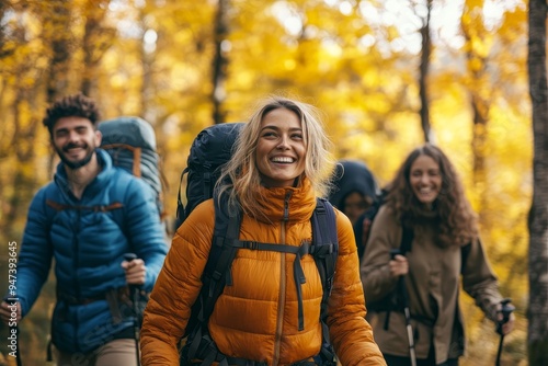 A group of friends hiking through a vibrant autumn forest, with laughter and smiles all around, symbolizing the shared happiness of exploring nature together