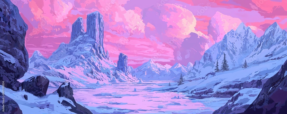 custom made wallpaper toronto digitalMajestic winter landscape featuring snow-covered mountains and a serene lake, illuminated by a vibrant pink sky at dusk.