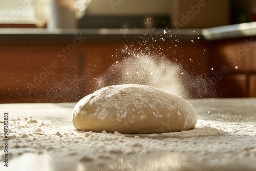 Homemade bread dough rising in a warm kitchen, with flour dusting the counter, symbolizing the comforting and rewarding experience of traditional cooking