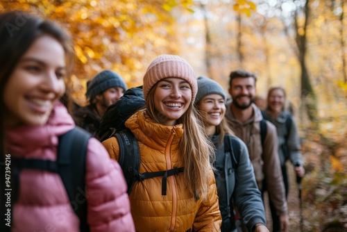 A group of friends hiking through a vibrant autumn forest, with laughter and smiles all around, symbolizing the shared happiness of exploring nature together