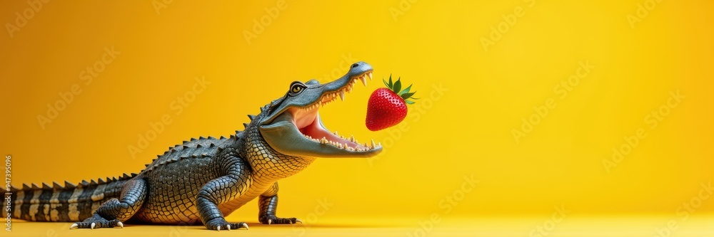 Naklejka premium Whimsical crocodile toy playfully holds a strawberry against a vibrant yellow background, perfect for marketing, children’s products, or food-related projects.