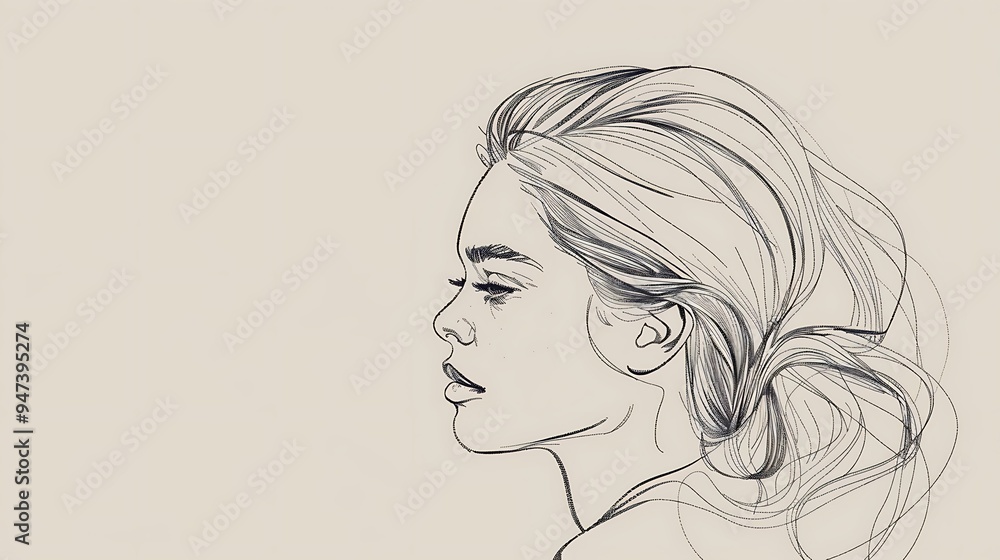 A graceful line art drawing of a lady with a side-swept hairstyle, capturing the essence of her features with minimal lines and a soft, light-colored background. 8k UHD, suitable for high-quality A graceful line art drawing of a lady with a side-swept hairstyle, capturing the essence of her features with minimal lines and a soft, light-colored background. 8k UHD, suitable for high-quality