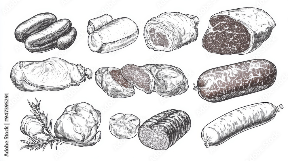 Pork sausage, veal beef and lamb steak sketches. Bacon, ham and jamon leg, meat roll, chicken or turkey legs, sirloin, brisket and mortadella engraved vectors set. Raw and processed meat products Pork sausage, veal beef and lamb steak sketches. Bacon, ham and jamon leg, meat roll, chicken or turkey legs, sirloin, brisket and mortadella engraved vectors set. Raw and processed meat products