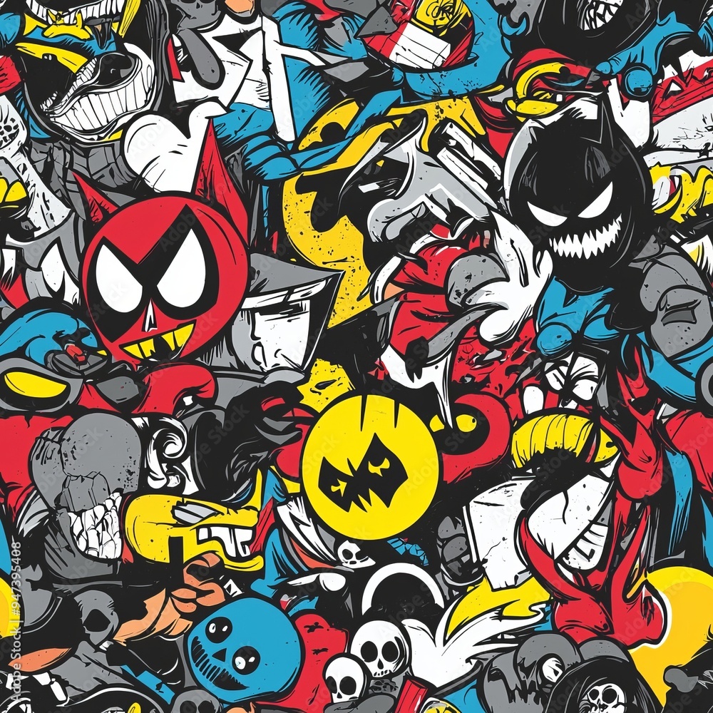 Obraz premium Seamless pattern of graffiti-style comic characters and icons 