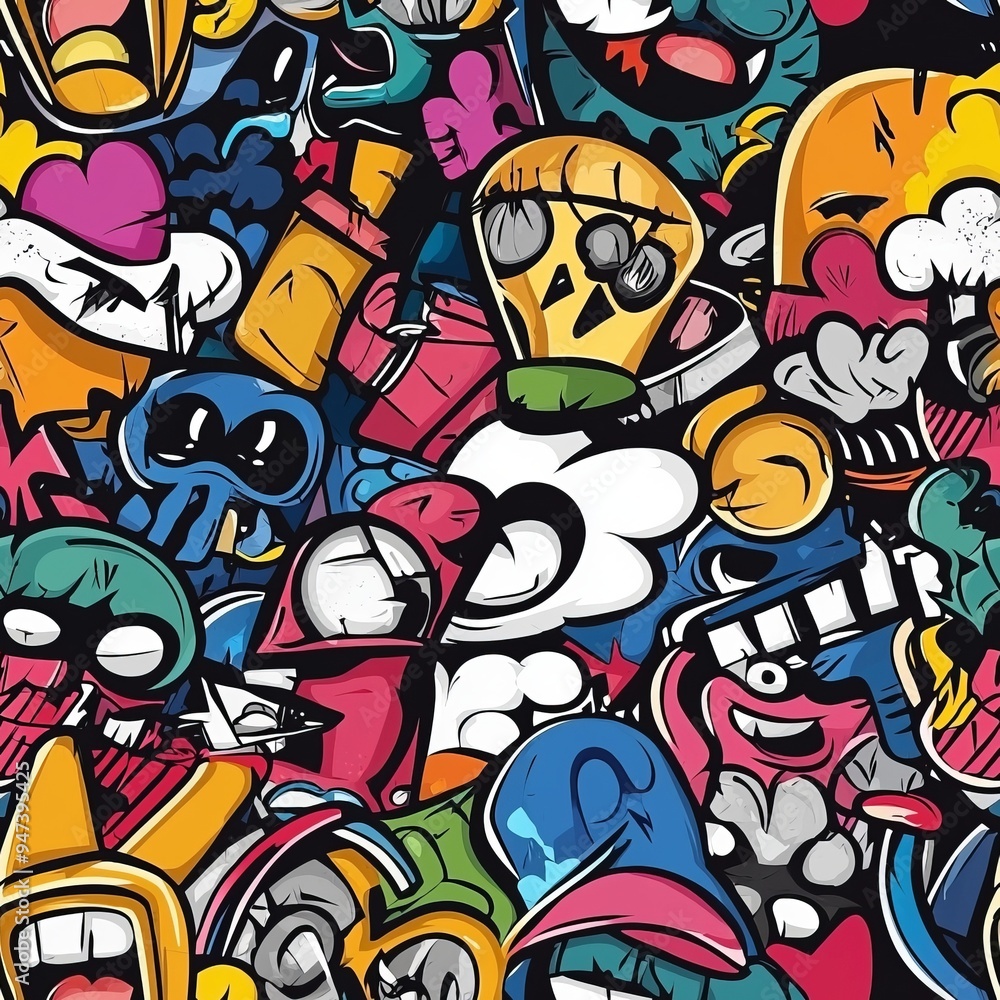 Seamless pattern of graffiti-style comic characters and icons Seamless pattern of graffiti-style comic characters and icons