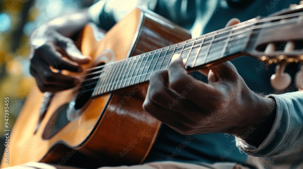 Fototapeta premium Close-up of a man's hand playing an acoustic guitar