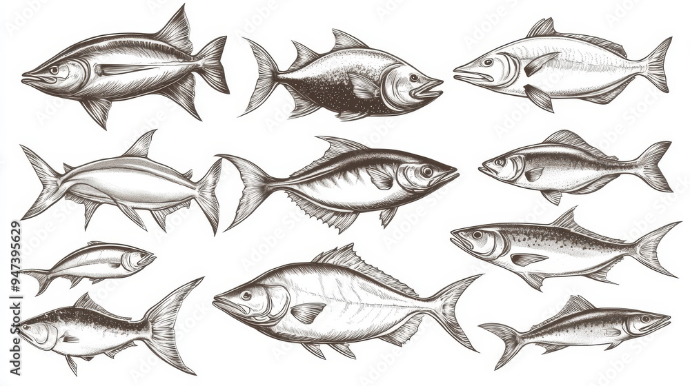 Sketch icons of various fish species, including tuna, perch, pike, salmon, and marlin. Vector set featuring saltwater sea and freshwater river fish such as flounder, catfish, and sprat mackerel, ideal Sketch icons of various fish species, including tuna, perch, pike, salmon, and marlin. Vector set featuring saltwater sea and freshwater river fish such as flounder, catfish, and sprat mackerel, ideal