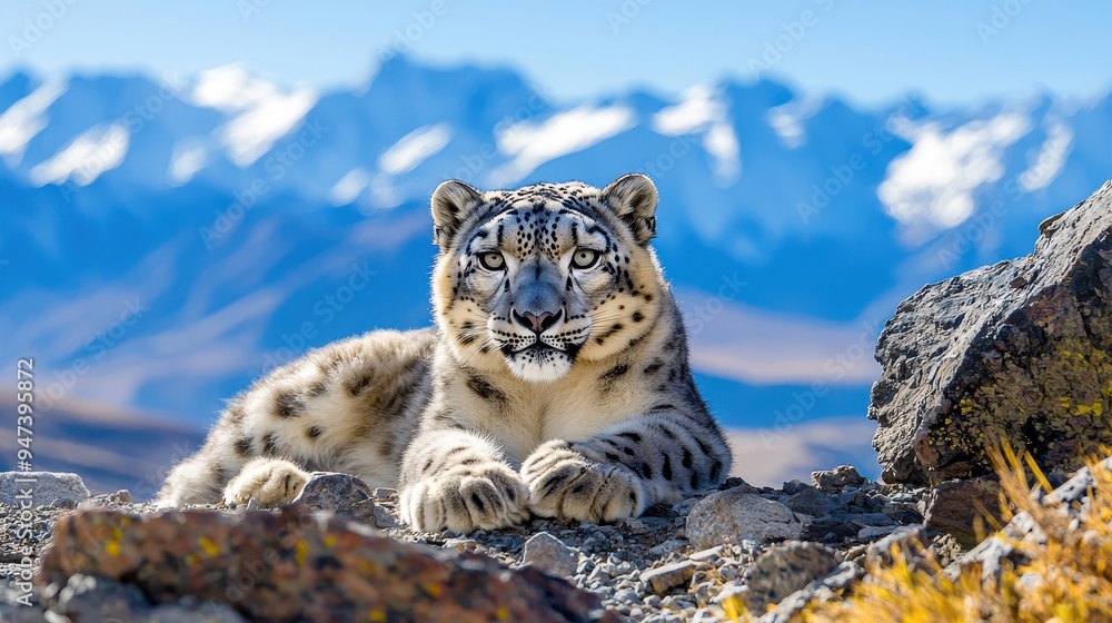 Obraz premium Snow Leopard in Mountain Landscape with Blue Sky
