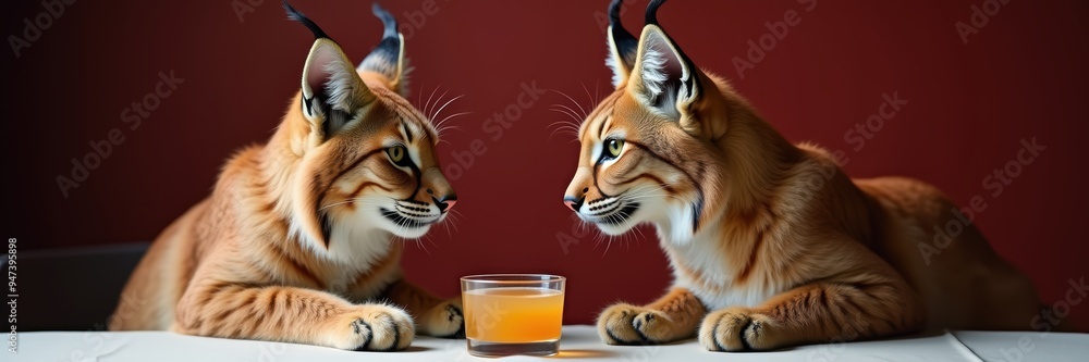 Two lynxes gaze at each other over an orange drink, showcasing a playful yet captivating moment in nature. Two lynxes gaze at each other over an orange drink, showcasing a playful yet captivating moment in nature.