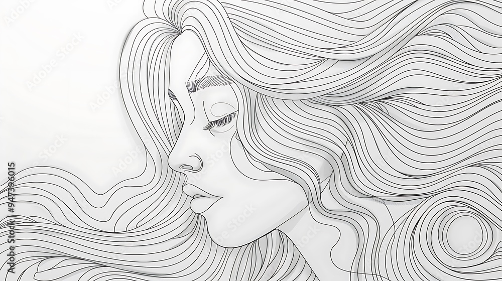 An elegant line art portrait of a lady with her hair gently flowing, using thin, continuous lines to depict her calm and thoughtful expression on a simple background. 8k UHD, suitable for high-quality An elegant line art portrait of a lady with her hair gently flowing, using thin, continuous lines to depict her calm and thoughtful expression on a simple background. 8k UHD, suitable for high-quality