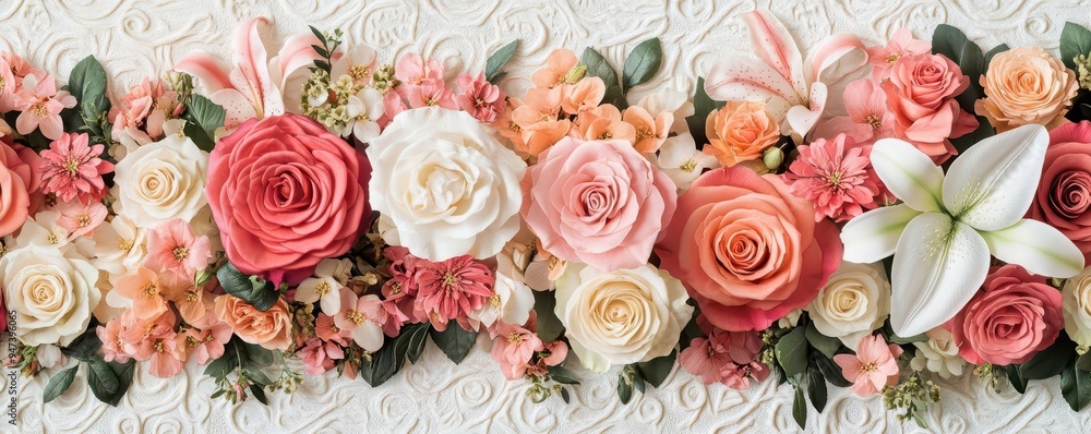 A floral collage with roses, lilies, and other flowers arranged against a textured backdrop, collage, floral, textured A floral collage with roses, lilies, and other flowers arranged against a textured backdrop, collage, floral, textured