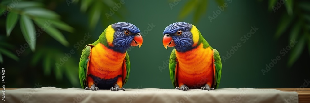 Vibrant rainbow lorikeets converse in a lush green setting, capturing the beauty of nature and wildlife. Perfect for use in environmental, educational, or travel-themed projects. Vibrant rainbow lorikeets converse in a lush green setting, capturing the beauty of nature and wildlife. Perfect for use in environmental, educational, or travel-themed projects.