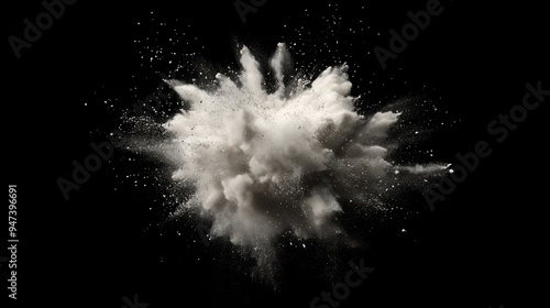 Freeze motion of a white dust explosion rendered in 3D cartoon style on a black background Stopping the movement of white powder against a dark backdrop Explosive white powder depicted on a black b