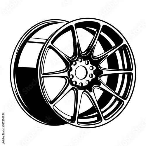 black and white vector illustration of a racing car wheel rim