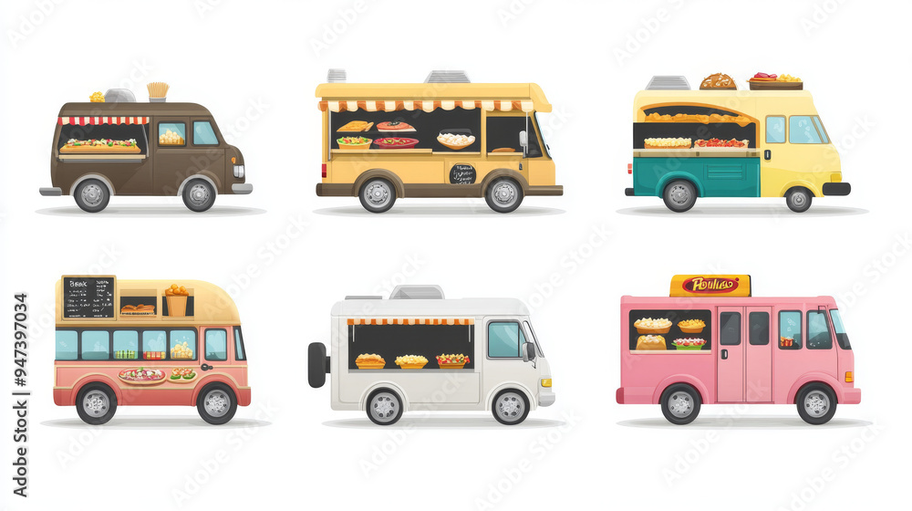 Vector illustrations of food trucks, featuring cartoon vans for street food sales. Includes café restaurants on wheels with fast food chalkboard menus, serving pizza, ice cream, popcorn, and coffee. Vector illustrations of food trucks, featuring cartoon vans for street food sales. Includes café restaurants on wheels with fast food chalkboard menus, serving pizza, ice cream, popcorn, and coffee.