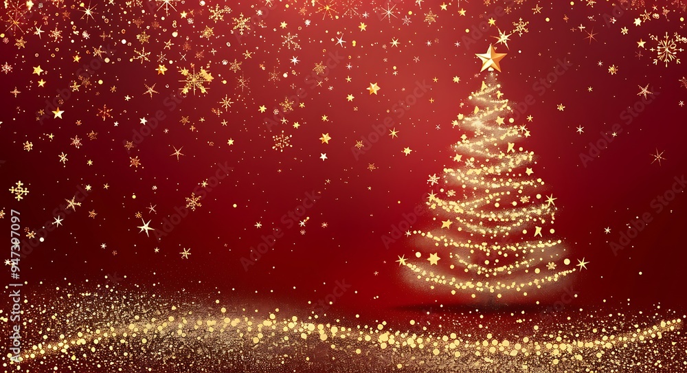 Christmas card on a red background with golden stars and snowflakes, a Christmas tree made of gold glitter sparkles Christmas card on a red background with golden stars and snowflakes, a Christmas tree made of gold glitter sparkles