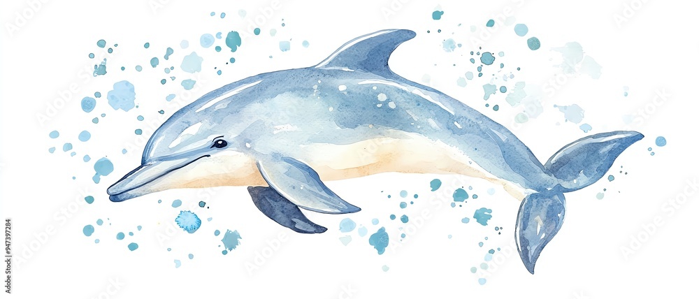 Whimsical watercolor illustration of a dolphin swimming gracefully among bubbles in a serene aquatic environment. Whimsical watercolor illustration of a dolphin swimming gracefully among bubbles in a serene aquatic environment.