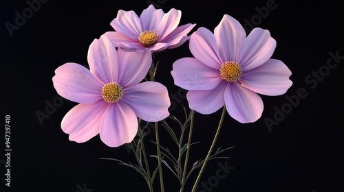 Light pink Cosmos flowers isolated on a black background in 3D cartoon rendering