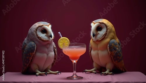 Two charming owls enjoy a cocktail, blending whimsy and creativity. Perfect for marketing, social media, or print materials related to fun events or nightlife. photo