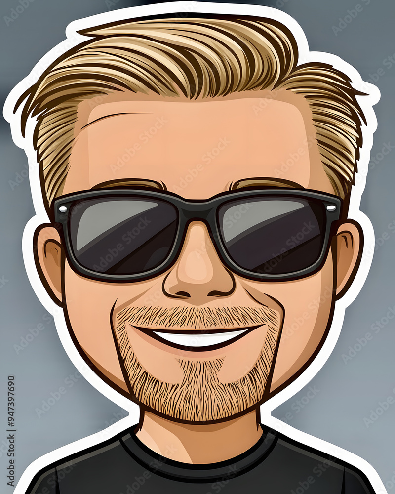 Funny Laughing Flat Decal Bearded man guy black t-shirt character 2d sticker die-cut edges Sunglasses Funny Laughing Flat Decal Bearded man guy black t-shirt character 2d sticker die-cut edges Sunglasses