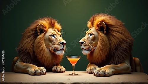 Two majestic lions are seated at a table, eyeing a cocktail, exuding a blend of elegance and humor, perfect for themes of luxury, wildlife, or nightlife. photo