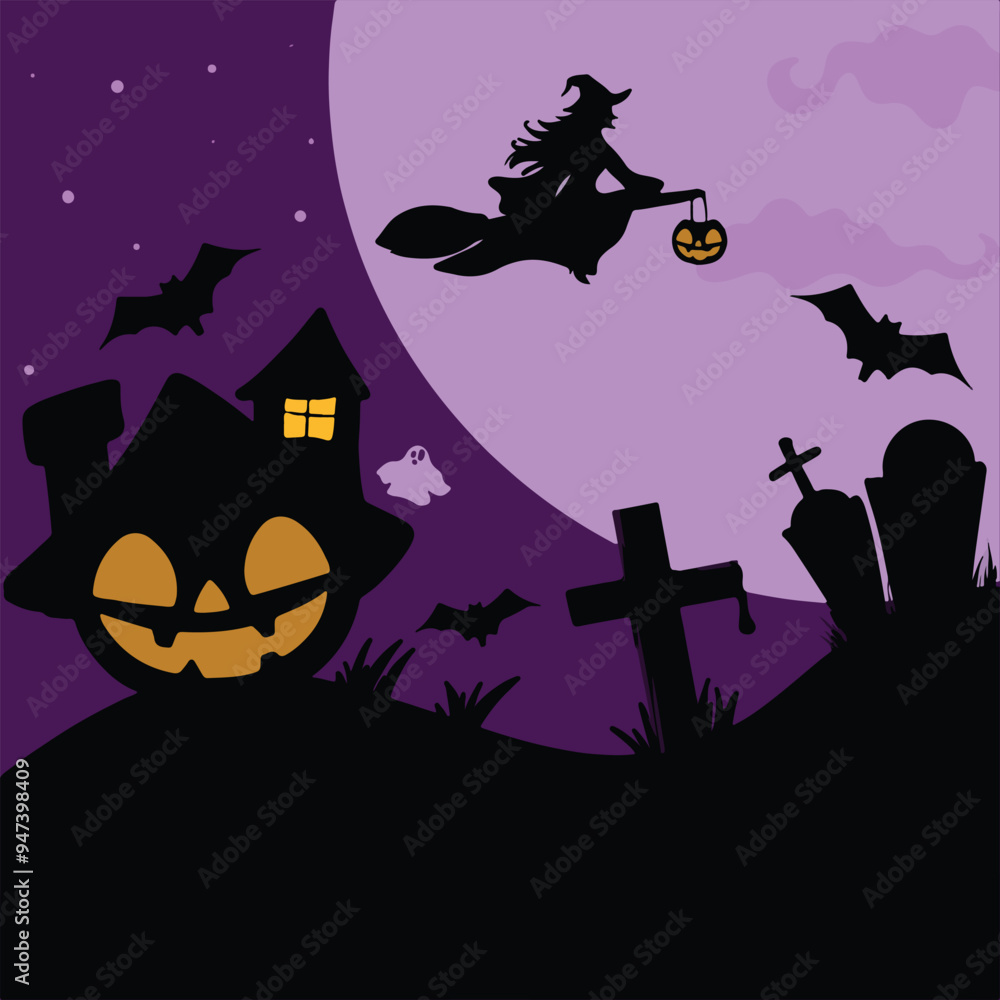 halloween background with witch pumpkin house halloween background with witch pumpkin house