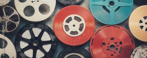 A collage of vintage movie stills layered with film reels and cinematic elements, collage, movie, vintage