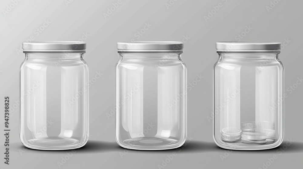 Realistic mockup of glass jars with lids, vector food packaging. Includes empty clear bottles and transparent pots with metal and plastic screw caps, 3D templates for food canning and storage design. Realistic mockup of glass jars with lids, vector food packaging. Includes empty clear bottles and transparent pots with metal and plastic screw caps, 3D templates for food canning and storage design.