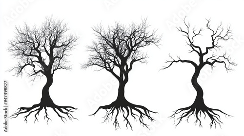 Silhouettes of black bare trees with roots, isolated on a white background. Suitable for ecology, logo, and environmental design.