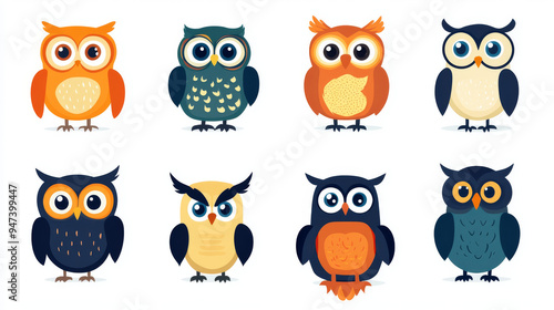 A collection of cartoon owl illustrations, each symbolizing wisdom and education. These whimsical birds are presented in various poses and expressions, making them ideal for educational themes, logos.