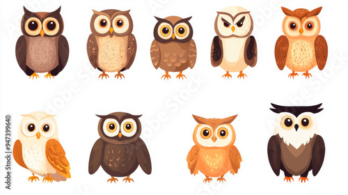 A collection of cartoon owl illustrations, each symbolizing wisdom and education. These whimsical birds are presented in various poses and expressions, making them ideal for educational themes, logos. photo