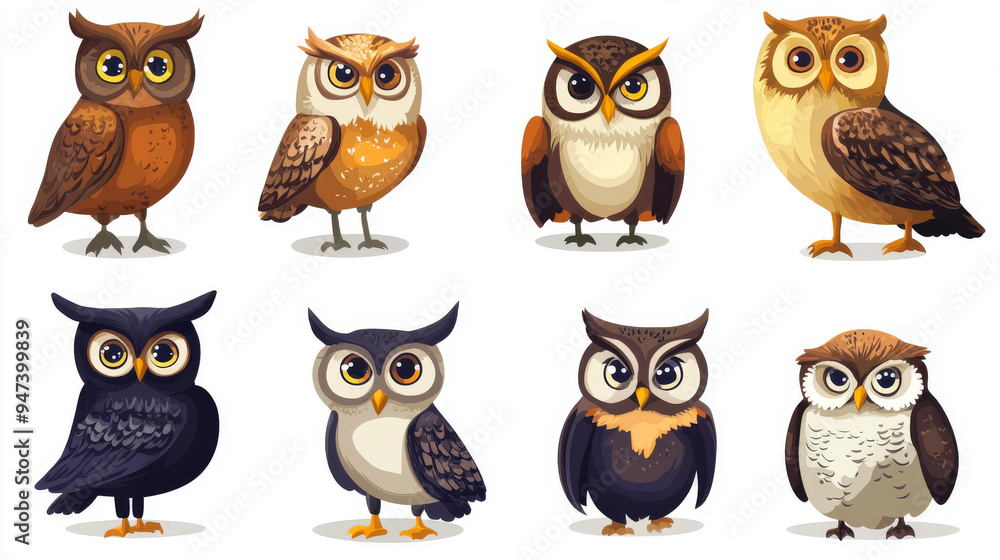 A collection of cartoon owl illustrations, each symbolizing wisdom and education. These whimsical birds are presented in various poses and expressions, making them ideal for educational themes, logos. A collection of cartoon owl illustrations, each symbolizing wisdom and education. These whimsical birds are presented in various poses and expressions, making them ideal for educational themes, logos.