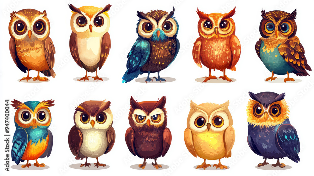 A collection of cartoon owl illustrations, each symbolizing wisdom and education. These whimsical birds are presented in various poses and expressions, making them ideal for educational themes, logos. A collection of cartoon owl illustrations, each symbolizing wisdom and education. These whimsical birds are presented in various poses and expressions, making them ideal for educational themes, logos.