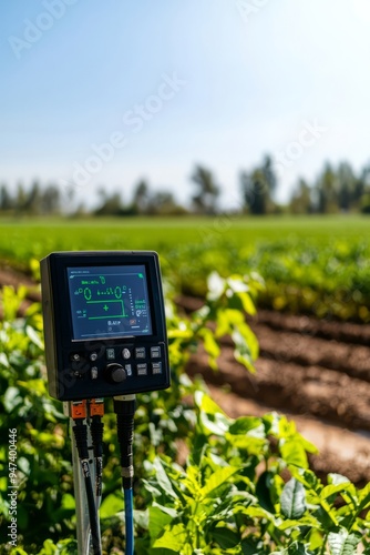 Central control unit of a smart irrigation system displaying water usage statistics. The field is green and vibrant, Generative AI