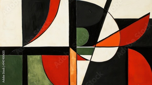 Abstract Composition with Black, White, Red, Green, and Orange Shapes