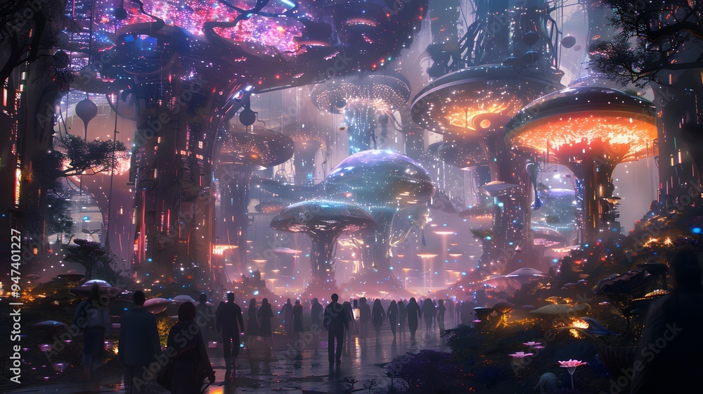 Fototapeta premium Futuristic Cityscape with Bioluminescent Mushrooms.