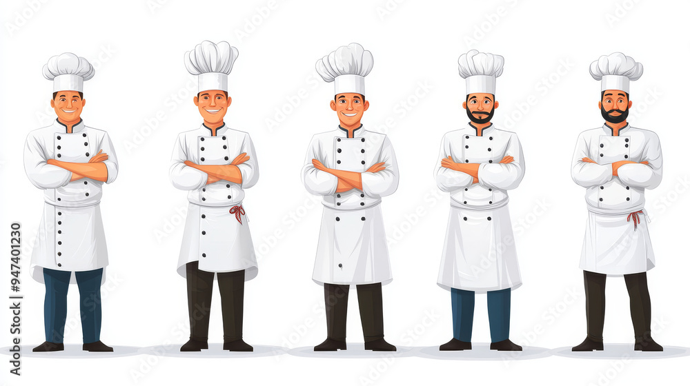A collection of diverse restaurant chefs in various uniforms, perfect for menu designs, branding, or other culinary-related projects. Each chef is depicted in a unique pose, adding character and charm A collection of diverse restaurant chefs in various uniforms, perfect for menu designs, branding, or other culinary-related projects. Each chef is depicted in a unique pose, adding character and charm