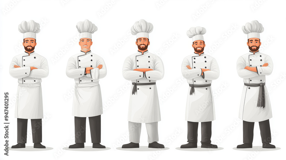 A collection of diverse restaurant chefs in various uniforms, perfect for menu designs, branding, or other culinary-related projects. Each chef is depicted in a unique pose, adding character and charm A collection of diverse restaurant chefs in various uniforms, perfect for menu designs, branding, or other culinary-related projects. Each chef is depicted in a unique pose, adding character and charm