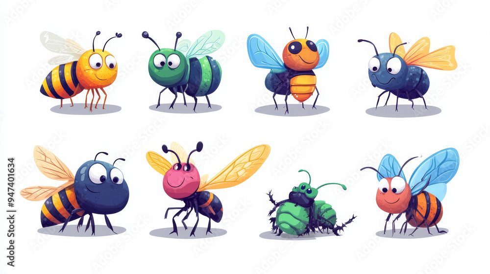 Cartoon characters of various insects, including bees, bugs, butterflies, caterpillars, flies, ladybugs, spiders, mosquitoes, wasps, ants, bumblebees, dragonflies, and hornets. Colorful and humorous. Cartoon characters of various insects, including bees, bugs, butterflies, caterpillars, flies, ladybugs, spiders, mosquitoes, wasps, ants, bumblebees, dragonflies, and hornets. Colorful and humorous.