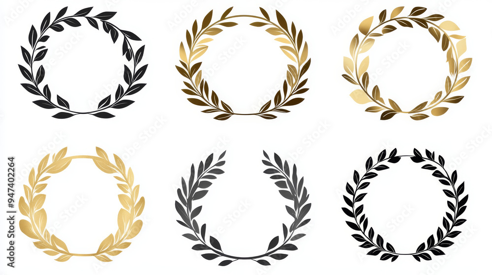 A set of elegant gold and black laurel wreaths, ideal for use as logo templates or decorative elements in various designs. These laurel wreaths exude a sense of prestige and sophistication. A set of elegant gold and black laurel wreaths, ideal for use as logo templates or decorative elements in various designs. These laurel wreaths exude a sense of prestige and sophistication.