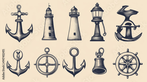 A collection of nautical or naval icons featuring classic maritime symbols, including an anchor, ship wheel, crossed tridents, lighthouse, bell, compass, and spyglass. These icons are perfect for use  photo