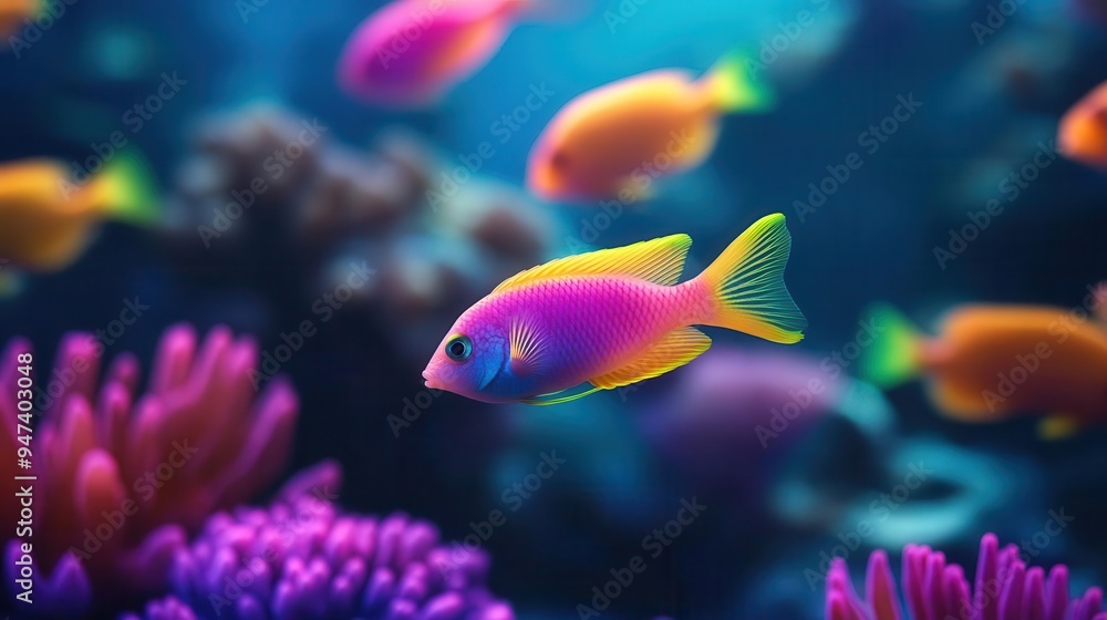 A vibrant underwater scene with neon fish and coral in bright, glowing hues, vibrant, underwater, neon A vibrant underwater scene with neon fish and coral in bright, glowing hues, vibrant, underwater, neon
