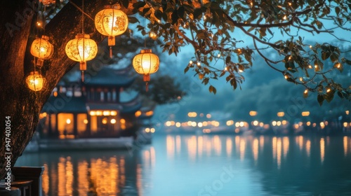 Serene evening by the water, adorned with glowing lanterns, reflecting a tranquil atmosphere and beautiful scenery. photo