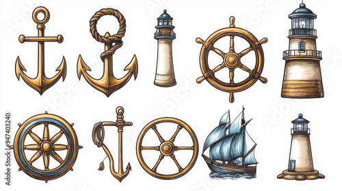 A collection of nautical or naval icons featuring classic maritime symbols, including an anchor, ship wheel, crossed tridents, lighthouse, bell, compass, and spyglass. These icons are perfect for use  photo