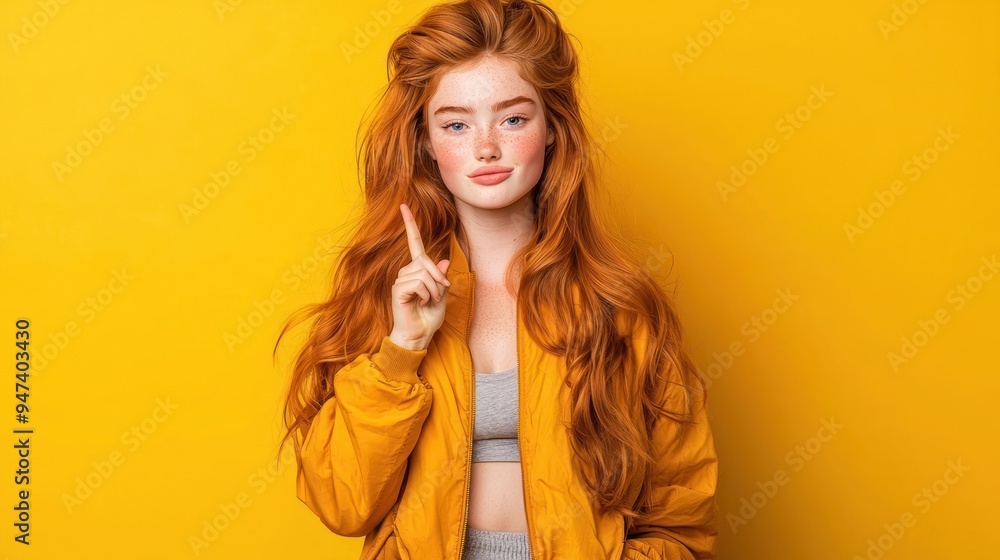 Stylish Redhead Woman in Athleisure Outfit Making Heart Gesture on Yellow Background, Generate Ai Stylish Redhead Woman in Athleisure Outfit Making Heart Gesture on Yellow Background, Generate Ai