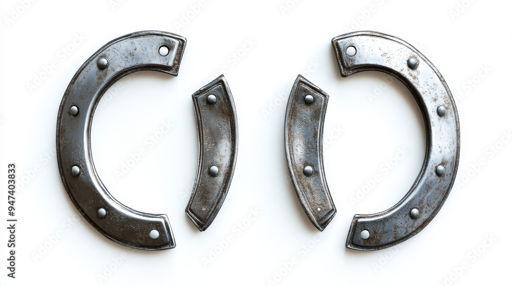 Imagine a set of steel horseshoes isolated on a white background, each horseshoe polished to a gleaming finish, symbolizing luck and fortune. The horseshoes are arranged in various orientations. Imagine a set of steel horseshoes isolated on a white background, each horseshoe polished to a gleaming finish, symbolizing luck and fortune. The horseshoes are arranged in various orientations.